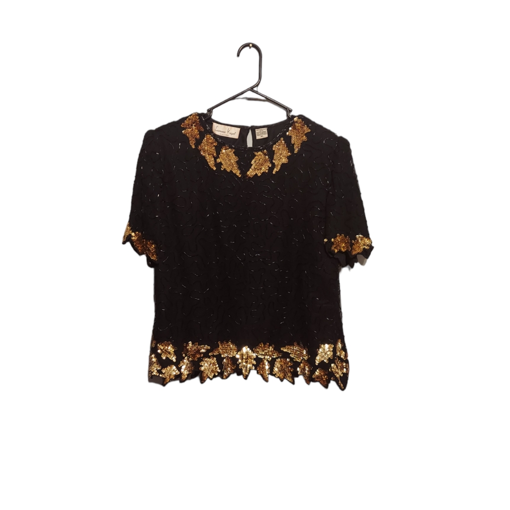 Vintage Lawrence Kazar Women's Size Xl Black Gold 100% Silk Beaded Top Blouse